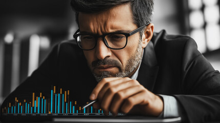 Wall Mural - A man in a suit is looking at a graph on a computer screen. He is deep in thought, possibly analyzing the data or trying to make a decision based on the information presented