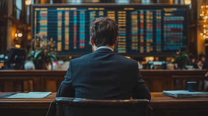 Poster - A man in a suit is sitting at a desk in front of a large monitor with many numbers on it