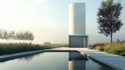 Poster - A sleek, modern water tower with a minimalist design and high-tech features, blending into the landscape with a clean, contemporary look.
