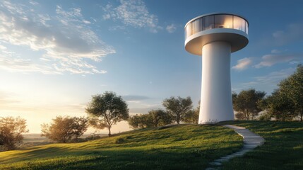 Poster - A sleek, modern water tower with a minimalist design and high-tech features, blending into the landscape with a clean, contemporary look.