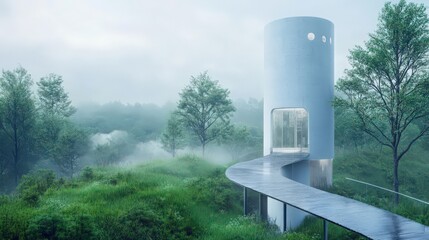 Poster - A sleek, modern water tower with a minimalist design and high-tech features, blending into the landscape with a clean, contemporary look.