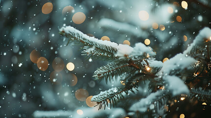 Christmas blurred background. Christmas tree branches, lights, bokeh. Snow. Copyspace, background for postcard, banner. Winter forest.