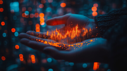 Poster - A hand holding a glowing orange object. The hand is surrounded by a blurry background of lights. Concept of mystery and wonder, as the glowing object seems to be something out of this world