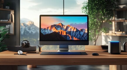 A computer monitor is on a desk with a mountain in the background. The computer is turned on and the screen is displaying a mountain scene