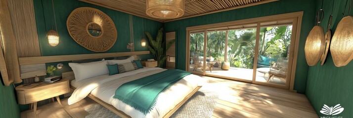 Wall Mural - Tropical Boho Bedroom Design With Jungle View A Serene Oasis of Comfort, Texture, and Natural Light