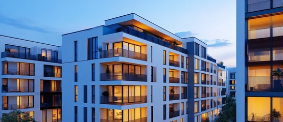 Canvas Print - a front view of modern apartment buildings with lights on in the evening, against a blue sky.