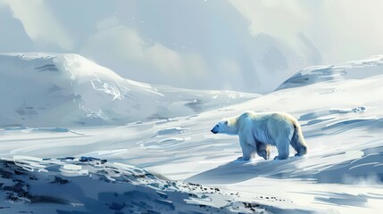 A solitary polar bear navigating the icy expanse of the Arctic tundra, its white fur blending with the snow-covered landscape as it searches for food