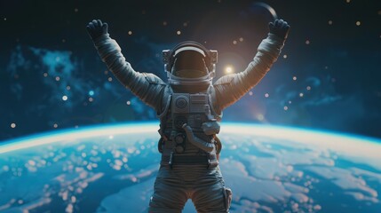 A spaceman celebrating a milestone in space, such as a successful mission or discovery, with Earth visible in the background