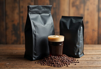 A coffee concept prepared for mockup, with a black coffee package with coffee beans on table	
