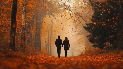 Wall Mural - Autumn Stroll: A Couple's Journey through the Vibrant Foliage