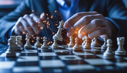 Poster - Business Strategy and Planning With Chessboard, King Piece, and Connected Network Diagram
