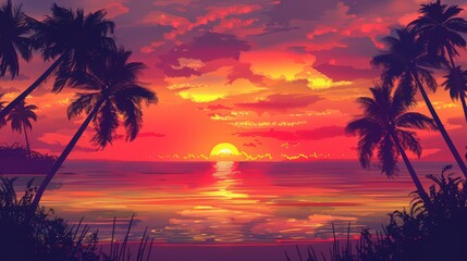 Canvas Print - A stunning tropical sunset over a calm sea, with the sky painted in hues of orange, pink, and purple, and palm trees silhouetted against the colorful sky.