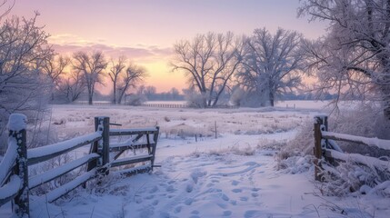 Canvas Print - A stunning winter wonderland of a snow-covered field with a rustic wooden fence, framed by frosted trees