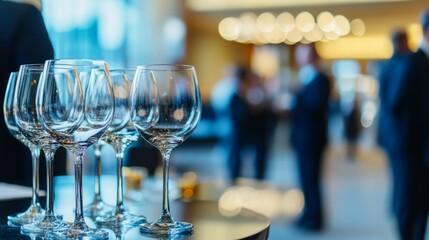 Wall Mural - A photograph of an elegant business event in the lobby, with people standing around tables with drinks and vases of flowers.