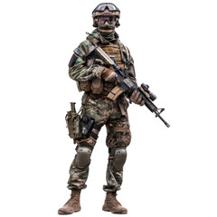 Modern infantry soldier wearing camouflage uniform, tactical vest and ballistic helmet, holding assault rifle on white background