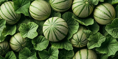 Wall Mural - This vibrant image features a collection of green melons nestled among lush foliage. The natural setting creates an organic feel. Perfect for food-related projects or market displays. AI