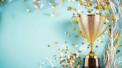 Gold Trophy With Confetti and Ribbons on Blue Background