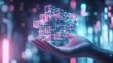Technological Evolution: Hand holding levitating cubes in neon glow of futuristic world, Generative AI