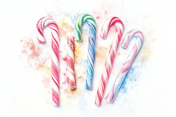 Design a dreamy, surreal Christmas artwork featuring twisted candy canes in soft pastel hues on a primarily white background