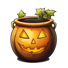 Cute Pumpkin Cauldron with Leaves in Cartoon Style for Halloween and