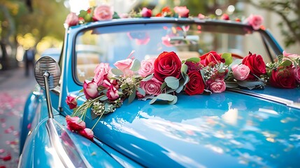 Wall Mural - Blue wedding car with red and pink rose decorations