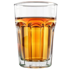 Classic whiskey glass containing an amber liquid sits on a white surface