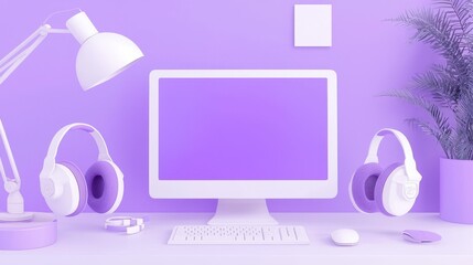 Poster - Purple Minimalist Desk Setup with Computer  Headphones  and Palm Leaf