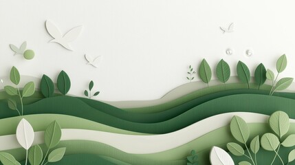 Poster - Abstract Green Nature Background with Paper Cutout Leaves and Birds