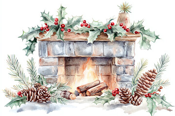 Illustrate a watercolor graphic of a vintage Christmas scene with a cozy fireplace, holly leaves, and pinecones, all in delicate, nostalgic hues