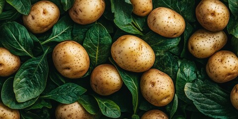 Canvas Print - Fresh potatoes on green leaves create a vibrant food scene. This image showcases vegetables in a natural style. Perfect for cooking or gardening themes. AI