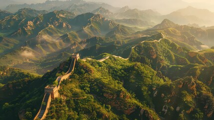 An aerial view of the Great Wall as it traverses diverse landscapes, from steep mountain ridges to serene valleys,