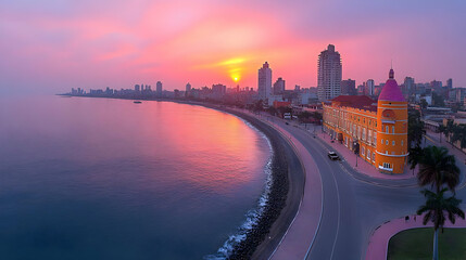 A panoramic view of a coastal city at sunrise, with a historic building in the foreground and a road curving along the coastline.