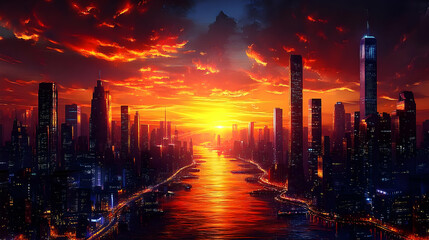 Poster - A panoramic view of a futuristic city skyline with a fiery sunset over a river.