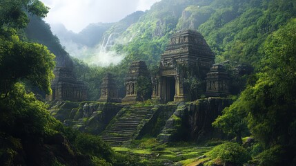 Poster - An ancient temple nestled among lush, green mountains, with intricate carvings on its stone walls and a serene atmosphere.