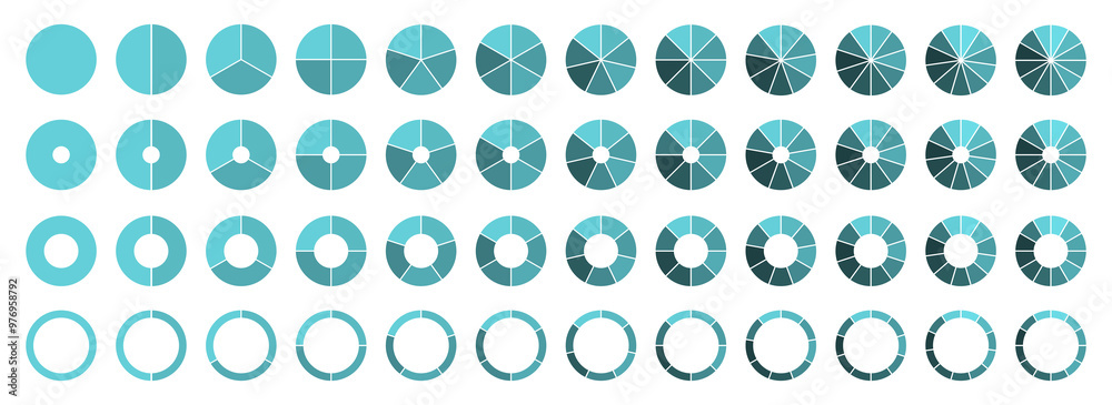 Circle pie chart diagram. 2,3,4,5,6,7,8,9,10,11,12 sections or steps ...
