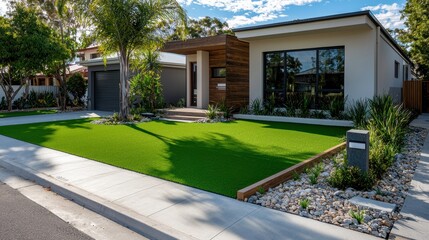 Canvas Print - Modern House with Green Grass Lawn and Stone Landscaping