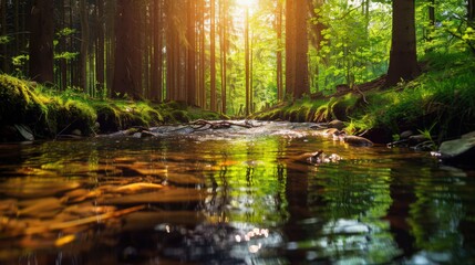 Wall Mural - An image of a clear stream in a forest, symbolizing the natural source of clean drinking water and its environmental importance.