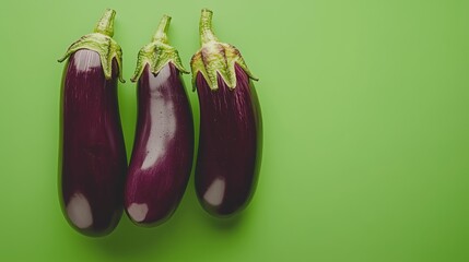 Two vibrant eggplants on a white surface, with a green backdrop highlighting their rich purple tones.