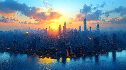 Wall Mural - A panoramic view of a modern city skyline at sunrise, with skyscrapers silhouetted against a vibrant sky.