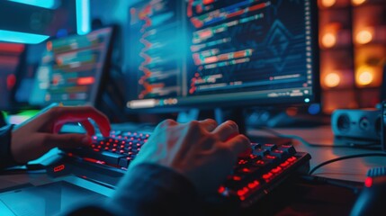 Poster - An image of a programmer's hands typing on a keyboard, with code and error logs prominently displayed on a computer monitor.