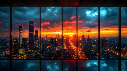 Poster - A panoramic view of a modern city skyline at sunset, seen through a large window.