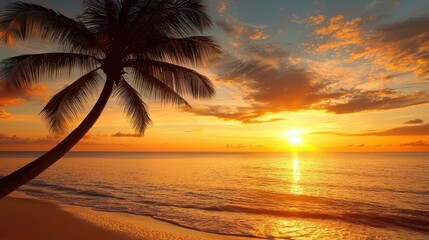 Canvas Print - Tropical Sunset Beach with Palm Tree Silhouette