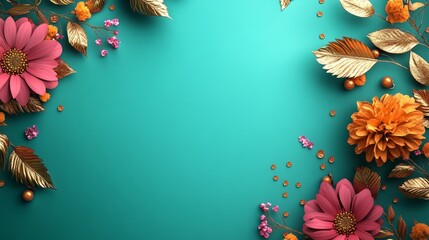 Wall Mural - 3D illustration of a vibrant Kerala festival background with golden jewelry, leaves, and flowers in a border frame design with copy space in the center.