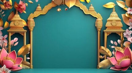 Sticker - 3D illustration of a vibrant Kerala festival background with golden jewelry, leaves, and flowers in a border frame design with copy space in the center.