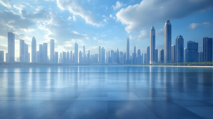 Wall Mural - A panoramic view of a modern cityscape with a tiled foreground reflecting the skyline and blue sky.