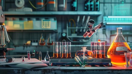 Poster - Artistic representation of an experiment setup, including test tubes, equipment, and variables, demonstrating the process of testing a hypothesis.