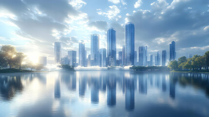 Wall Mural - A panoramic view of a modern cityscape with skyscrapers reflected in a calm lake.