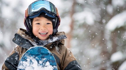 A cute and happy Southeast Asian boy dressing in brown winter clothes and a goggle, holding a snowboard on a snowy background with copy space for text.