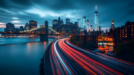 A panoramic view of the New York City skyline at dusk, featuring the Brooklyn Bridge, the East River, and a highway with light trails from speeding cars.