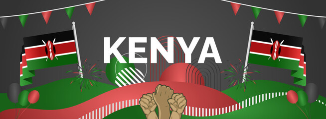 Wall Mural - Kenya National Day background with raised hand and abstract shapes in flag colors, black, red and green. Templates design for Kenya Madaraka day or Jamhuri day greeting card and sport events